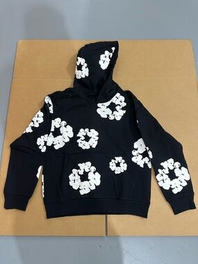Black Hoodie with White Floral Print - Men Jackets & Coats